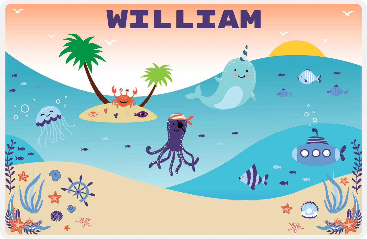 Personalized Beach Animals Placemat IV - Beach Life - Orange Background -  View