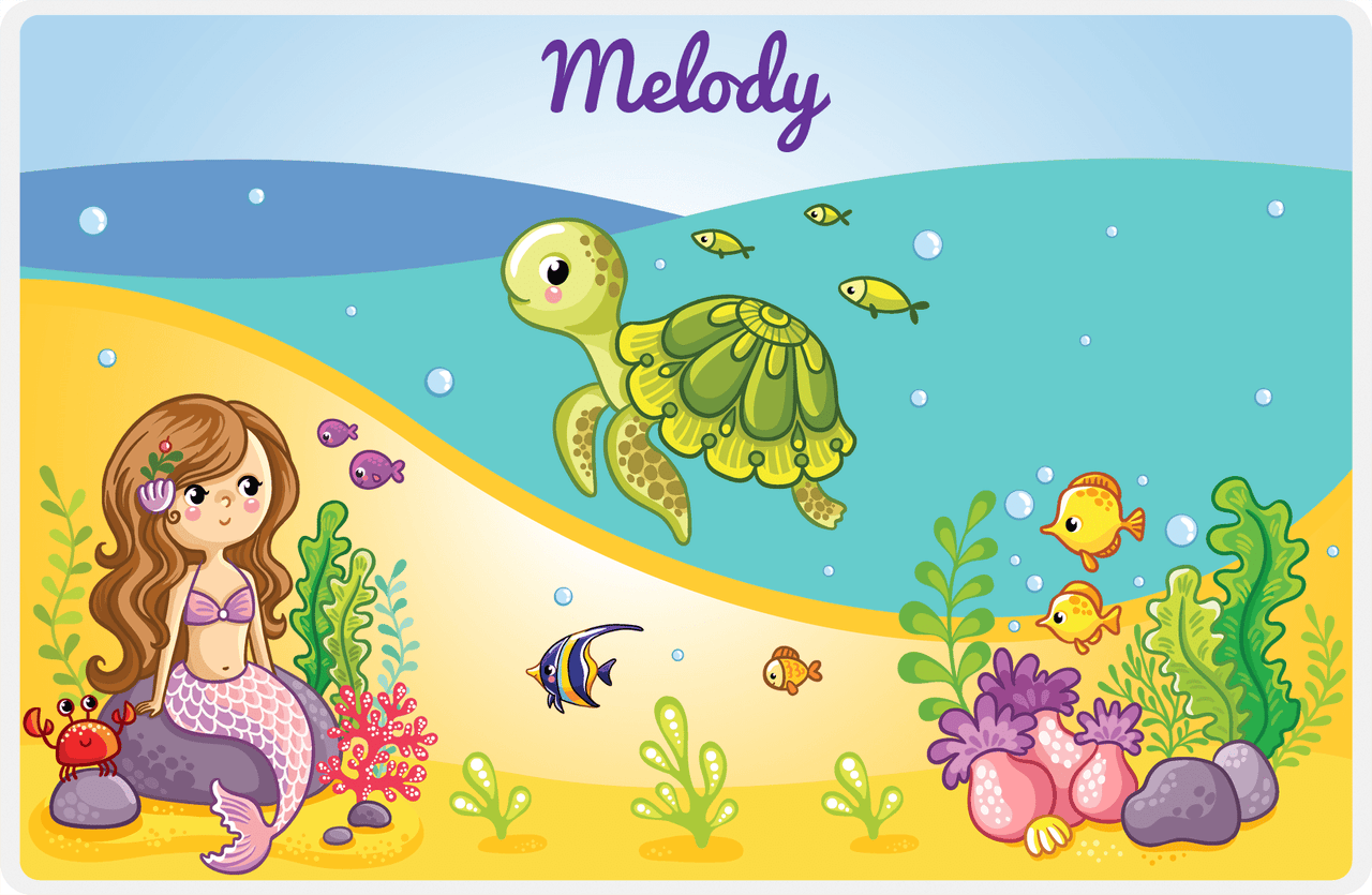 Personalized Beach Animals Placemat VI - Mermaid's Friends - Brunette Mermaid -  View