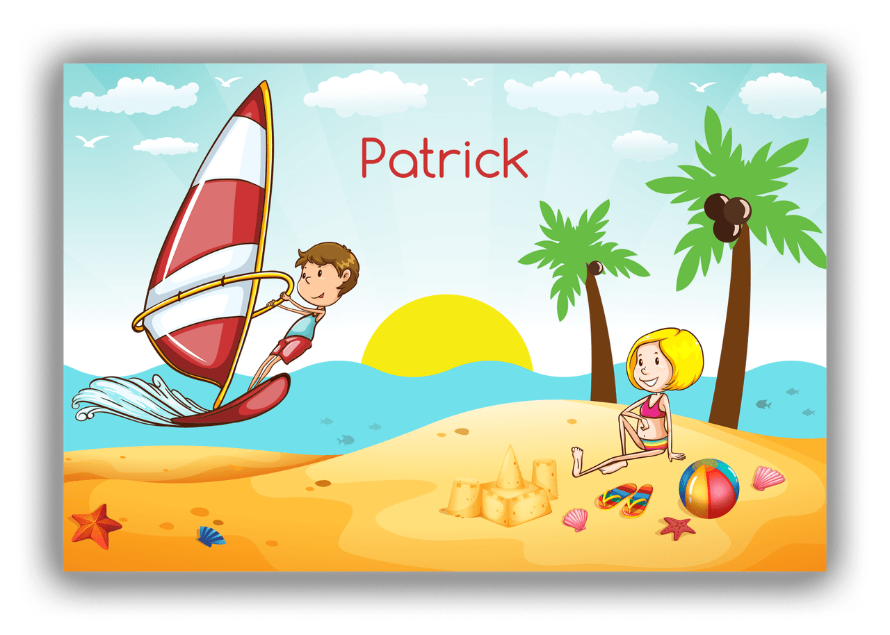 Personalized Beach Canvas Wrap & Photo Print V - Coastal Windsurfing - Brown Hair Boy - Front View
