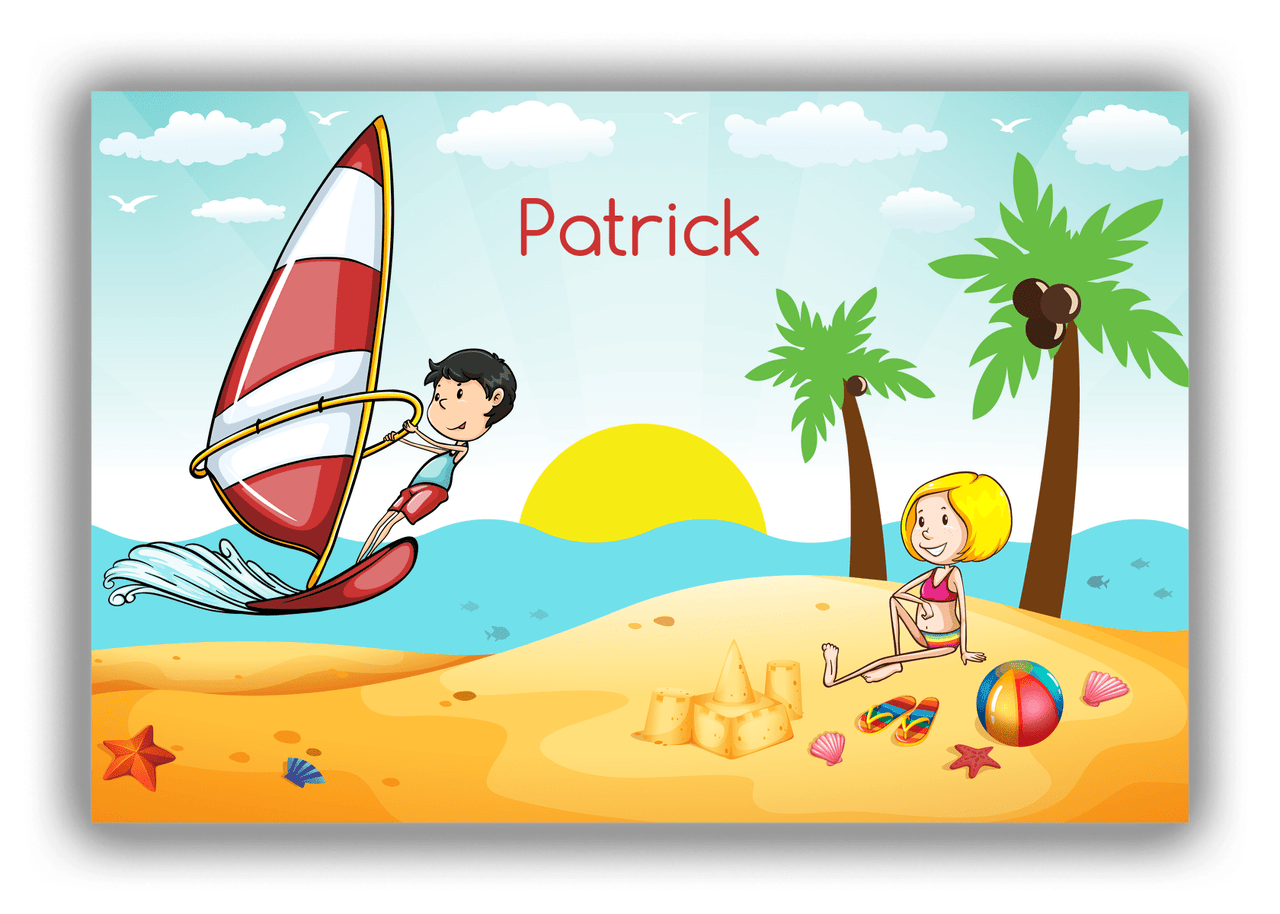 Personalized Beach Canvas Wrap & Photo Print V - Coastal Windsurfing - Black Hair Boy - Front View