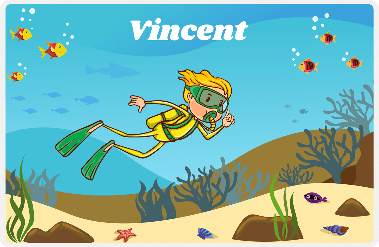 Personalized Beach Placemat IV - Scuba Diving - Blond Boy -  View