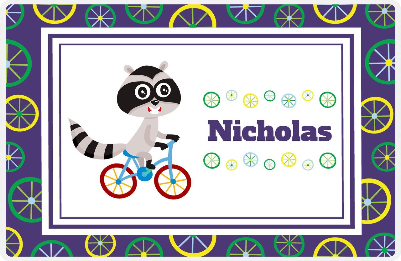 Personalized Bicycle Placemat III - Wheels Border - Racoon -  View