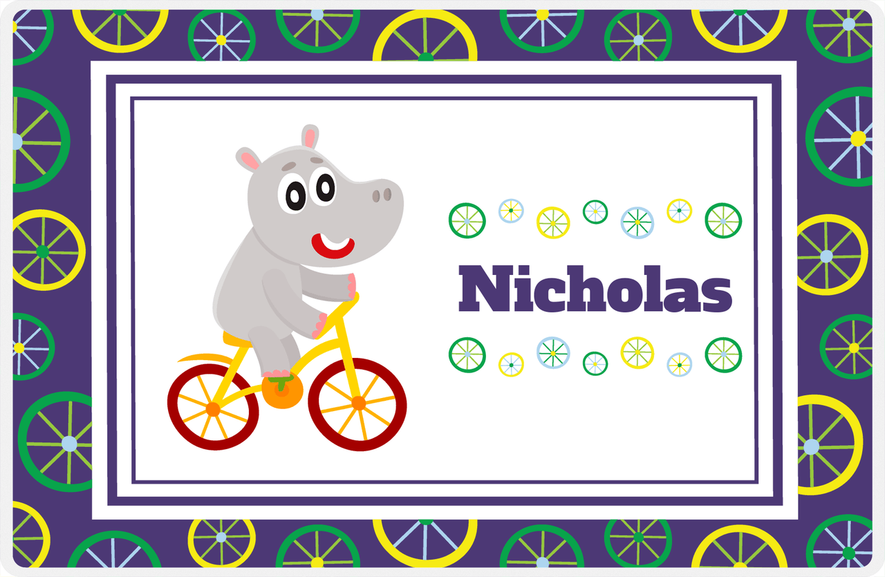 Personalized Bicycle Placemat III - Wheels Border - Hippo -  View