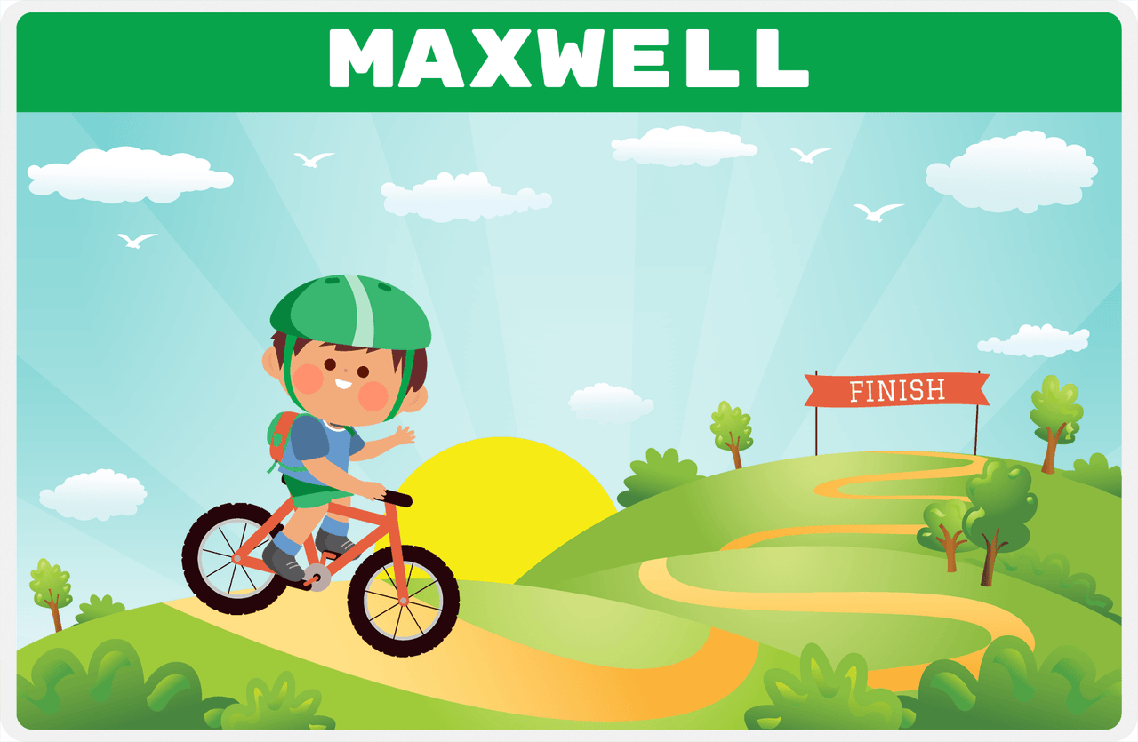 Personalized Bicycle Placemat IV - Downhill Race - Brown Hair Boy -  View
