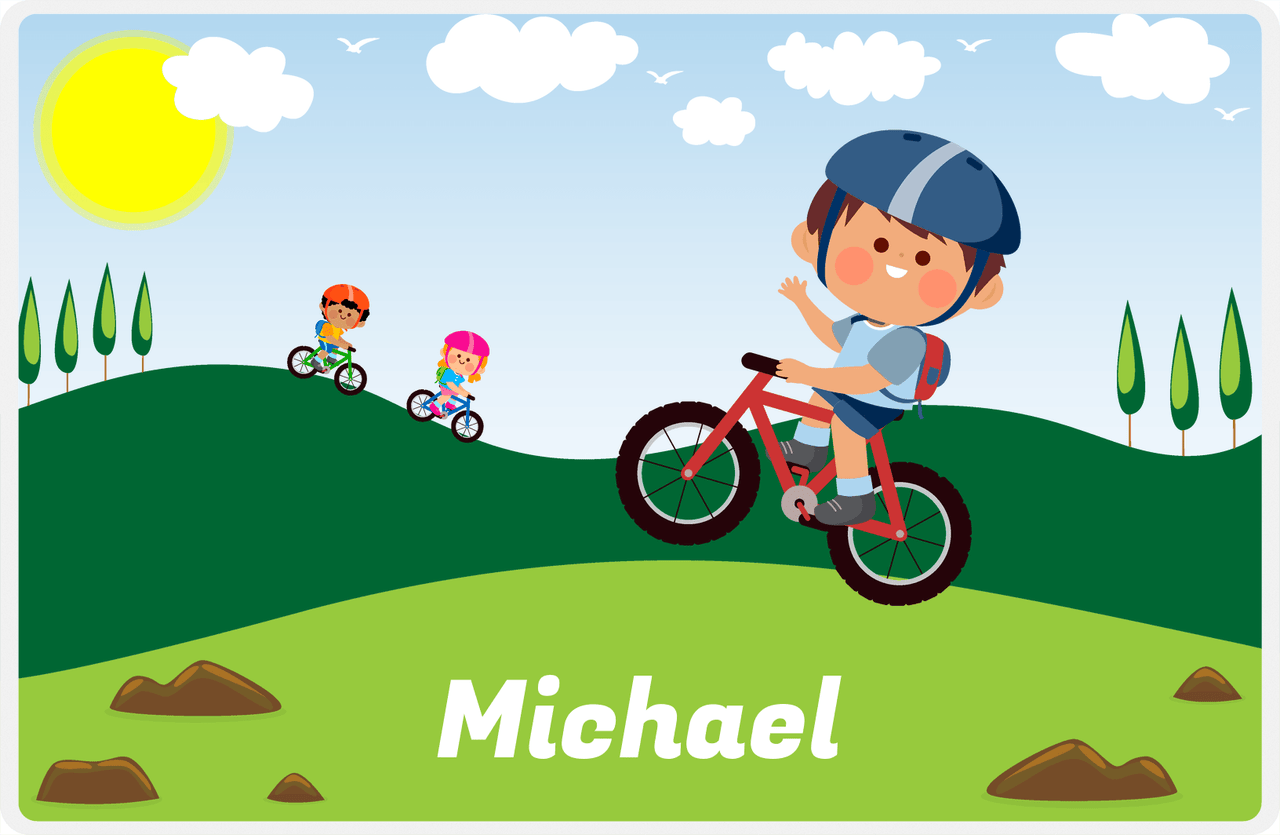 Personalized Bicycle Placemat VI - Wheelie King - Brown Hair Boy -  View