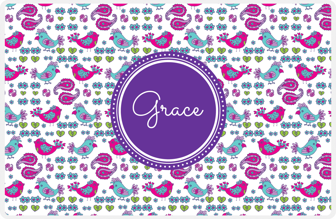Personalized Birds Placemat VII - White Background - Circle Nameplate -  View