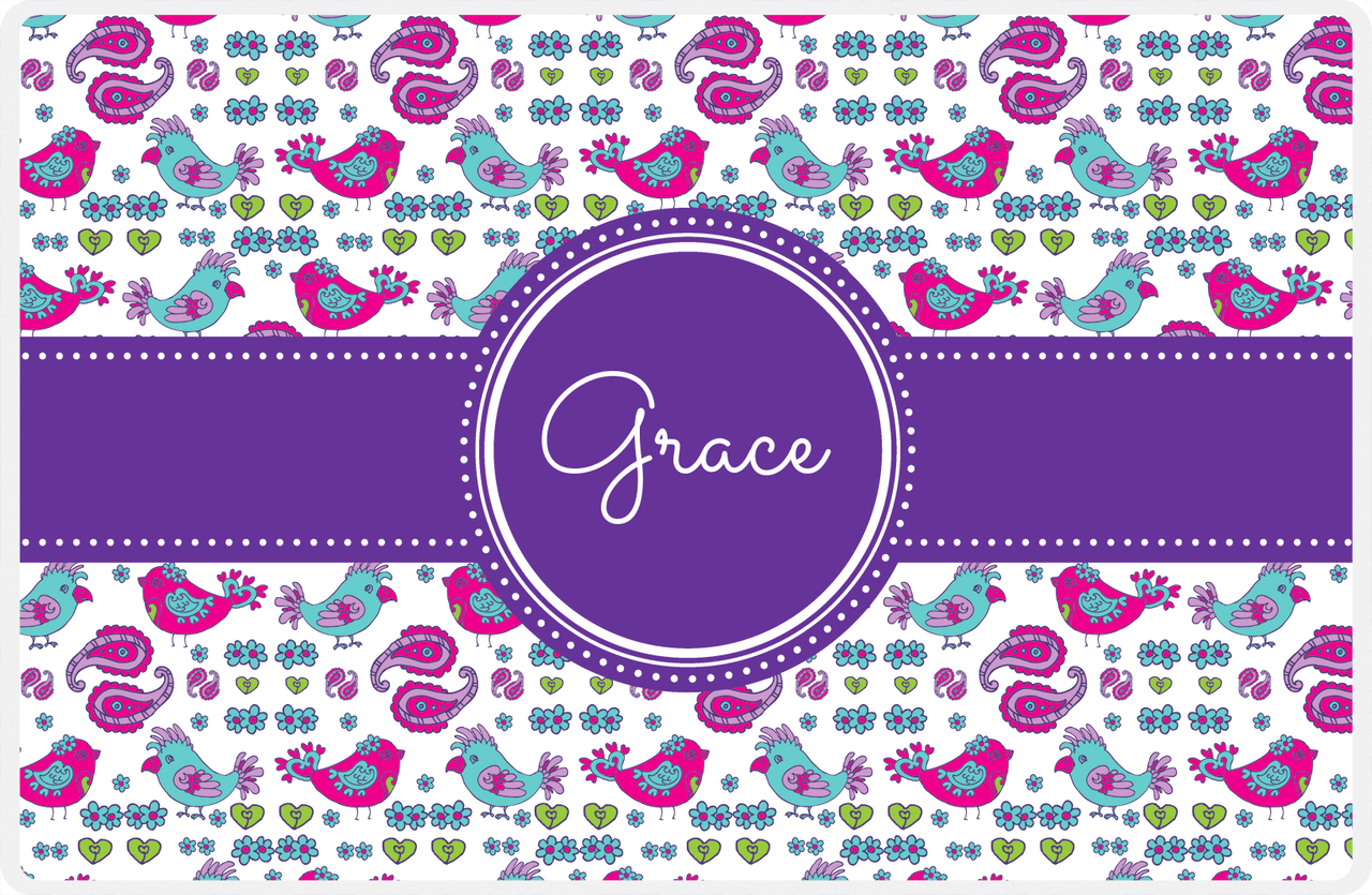 Personalized Birds Placemat VII - White Background - Circle Ribbon Nameplate -  View