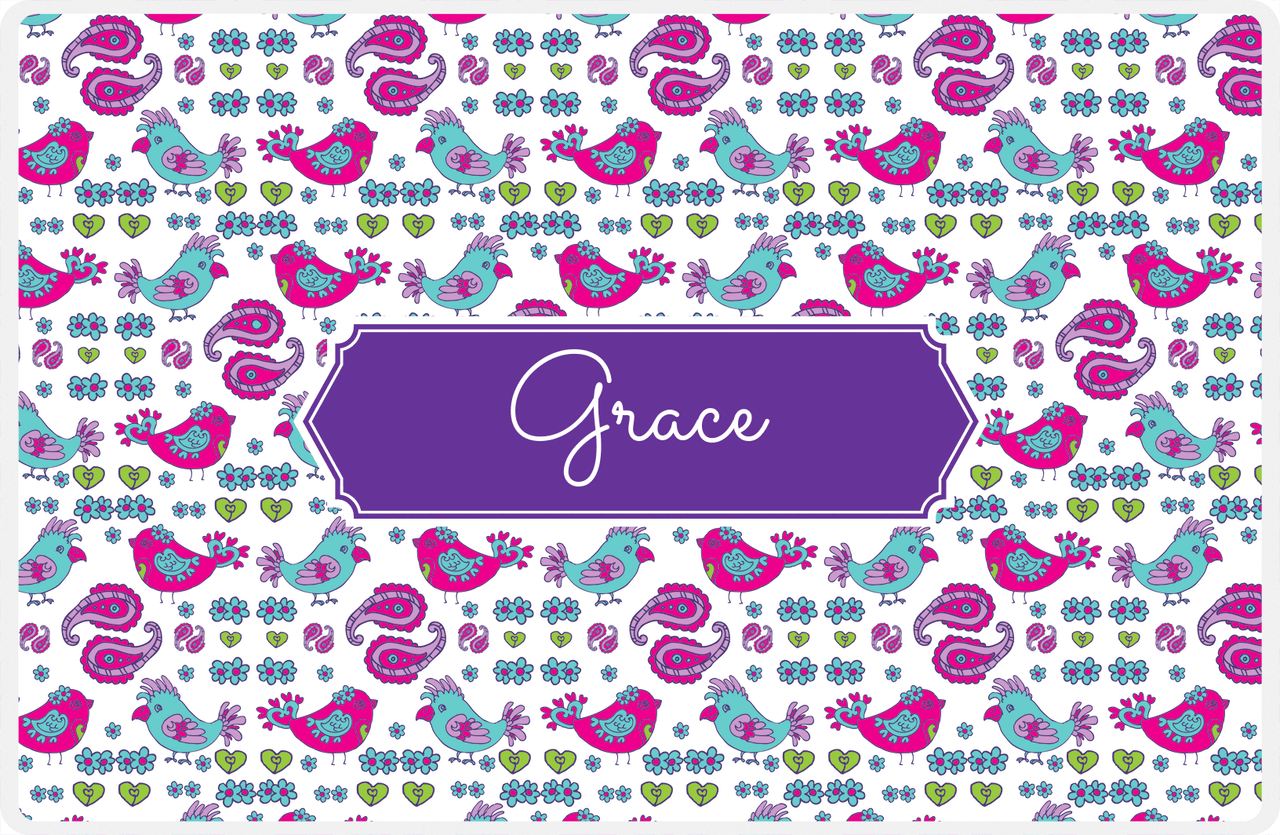 Personalized Birds Placemat VII - White Background - Decorative Rectangle Nameplate -  View