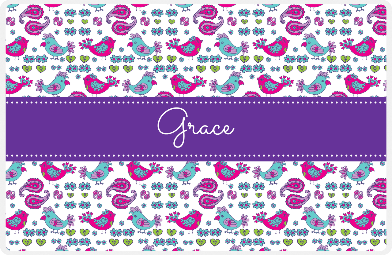 Personalized Birds Placemat VII - White Background - Ribbon Nameplate -  View