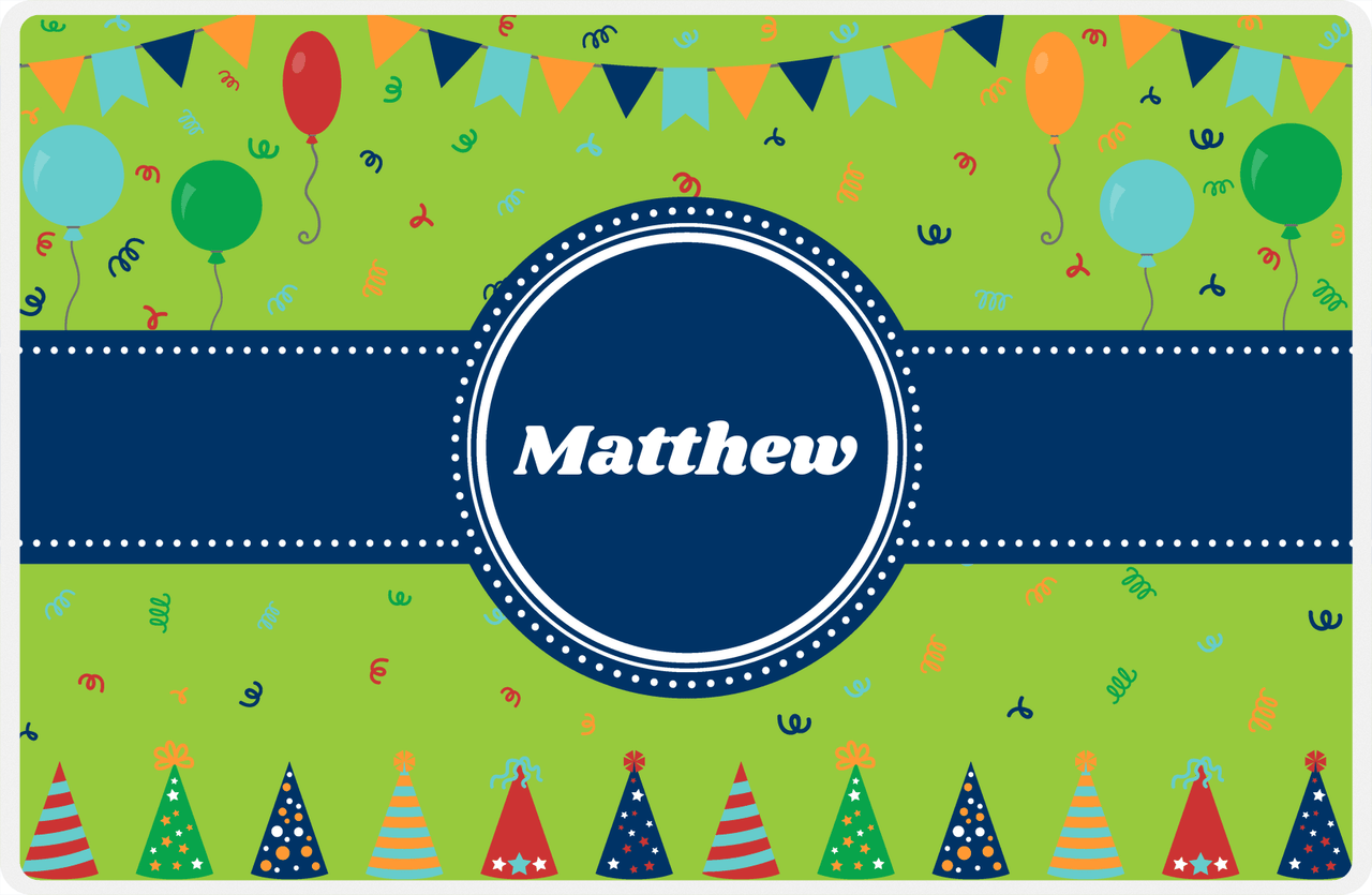 Personalized Birthday Placemat V - Party Hats - Circle Ribbon Nameplate -  View
