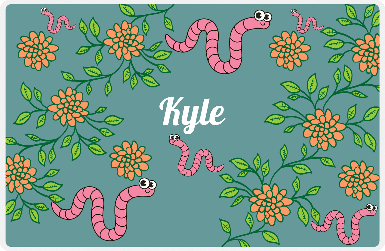 Personalized Bugs Placemat X - Teal Background - Worm -  View