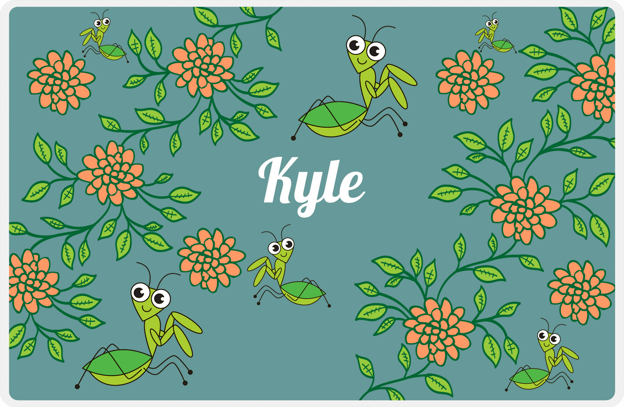Personalized Bugs Placemat X - Teal Background - Preying Mantis -  View