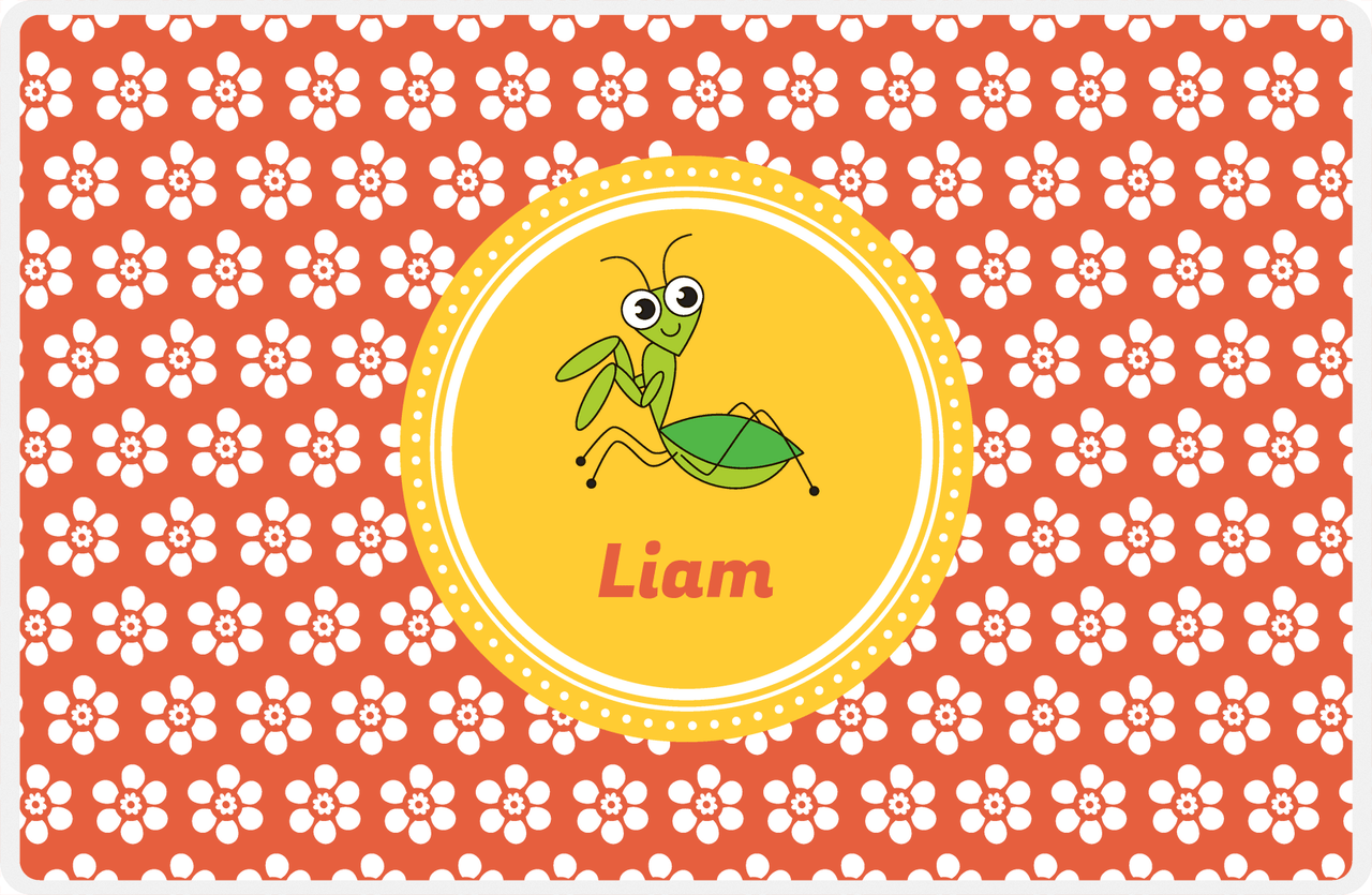 Personalized Bugs Placemat XI - Orange Background - Preying Mantis -  View