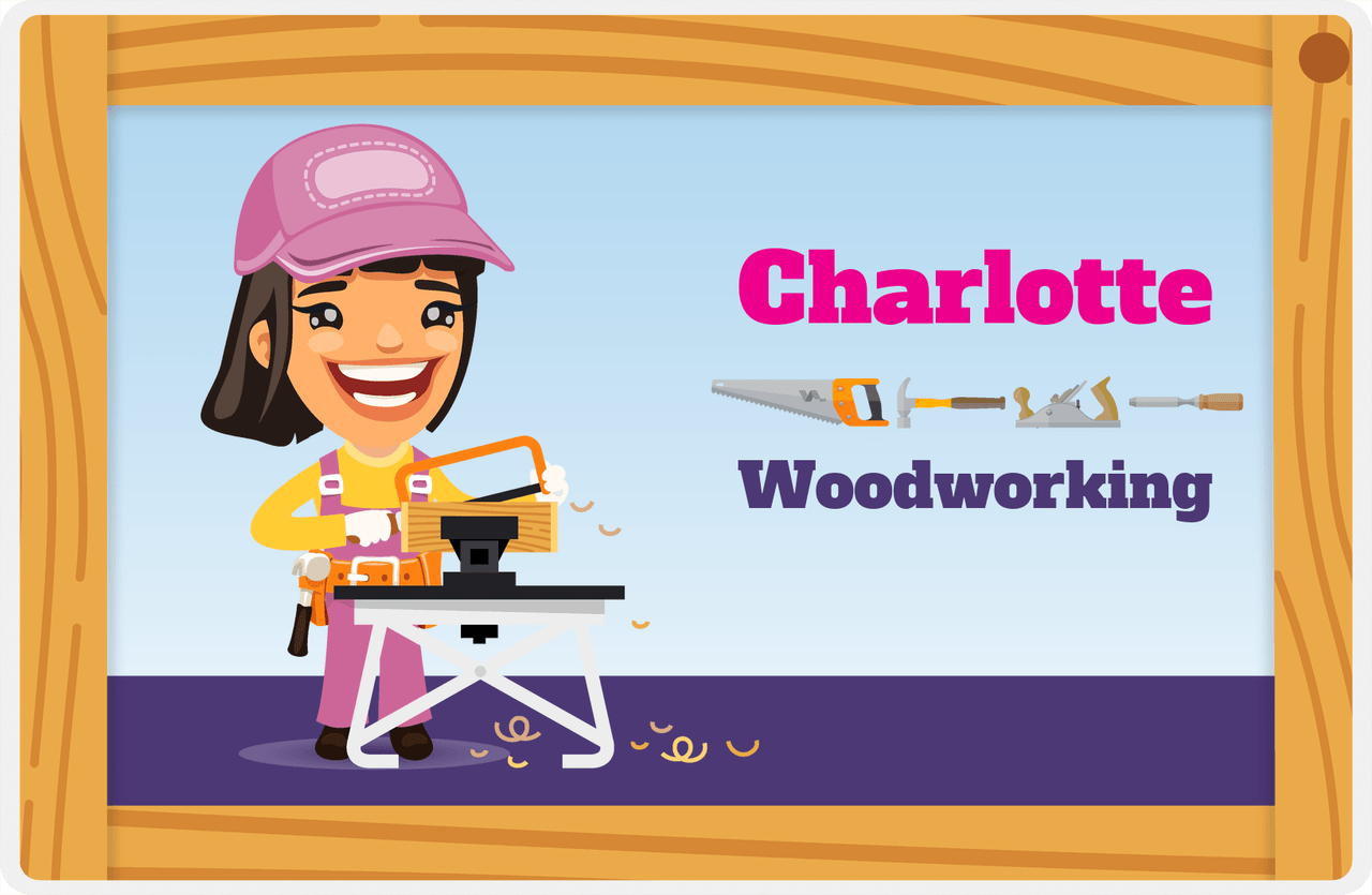 Personalized Builder Tools Placemat VIII - Woodworking - Black Hair Girl -  View