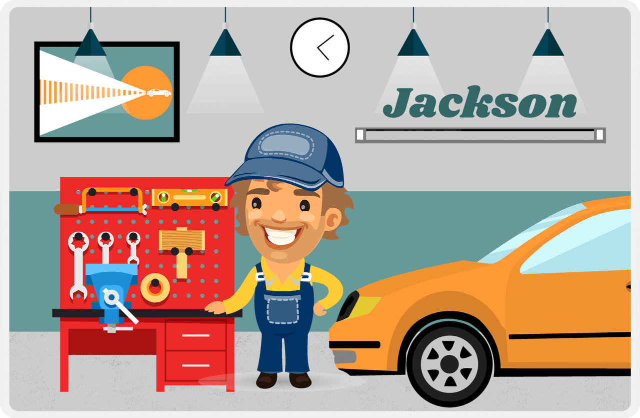 Personalized Builder Tools Placemat IX - Car Garage - Brown Hair Boy -  View