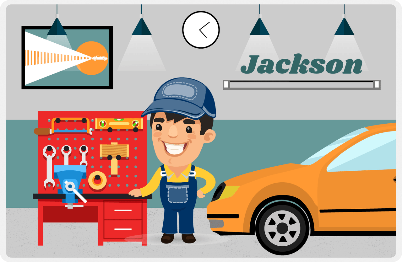 Personalized Builder Tools Placemat IX - Car Garage - Black Hair Boy -  View
