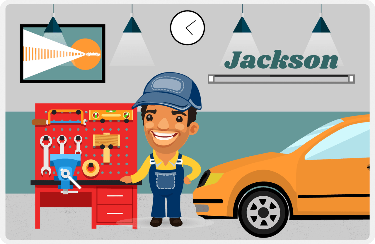 Personalized Builder Tools Placemat IX - Car Garage - Black Boy I -  View