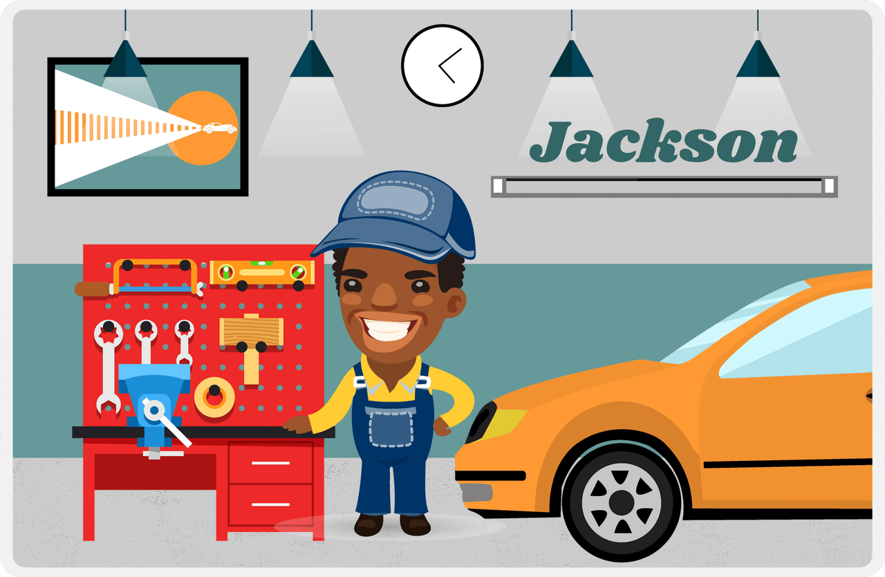 Personalized Builder Tools Placemat IX - Car Garage - Black Boy II -  View