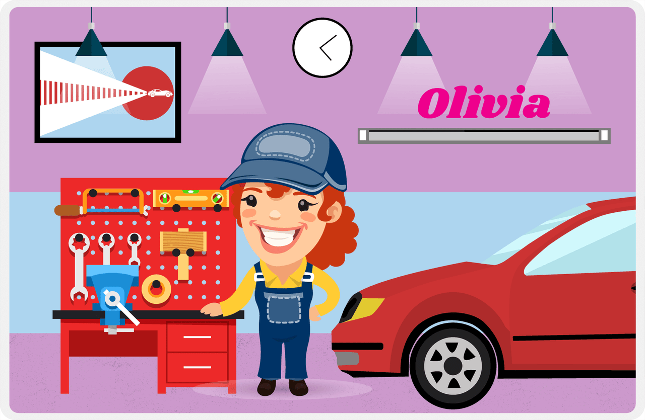 Personalized Builder Tools Placemat X - Car Garage - Redhead Girl -  View