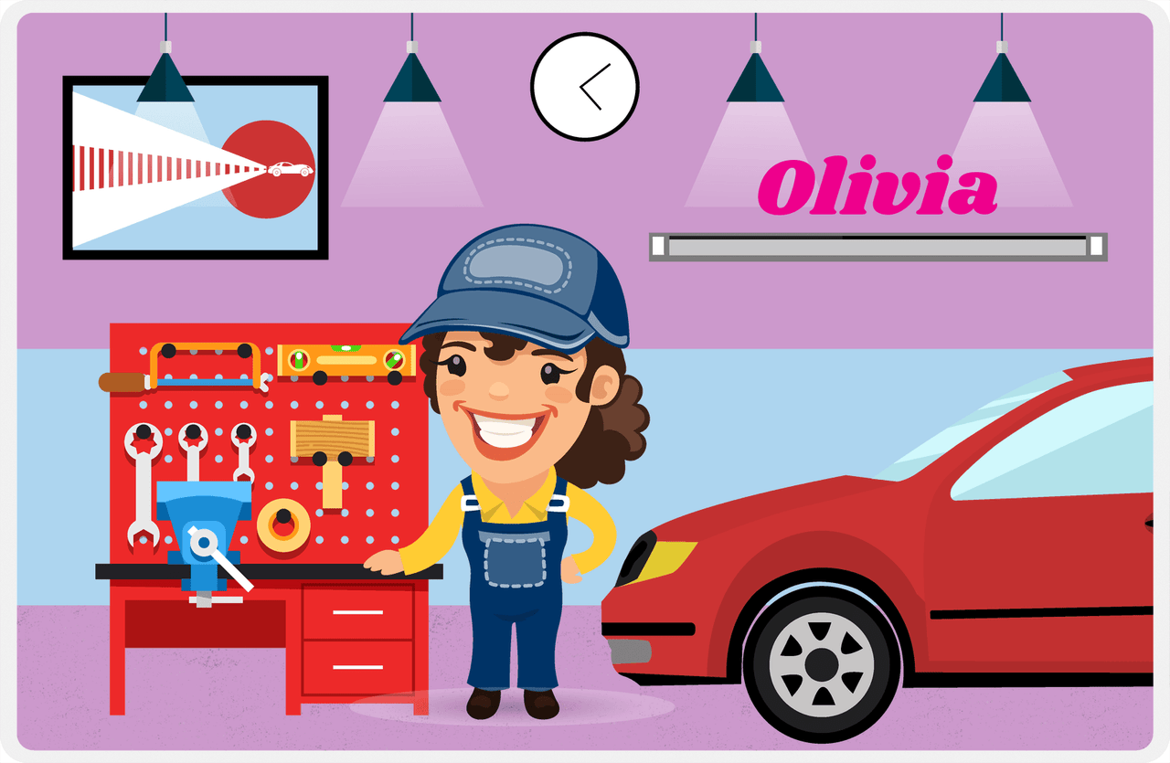 Personalized Builder Tools Placemat X - Car Garage - Brunette Girl -  View