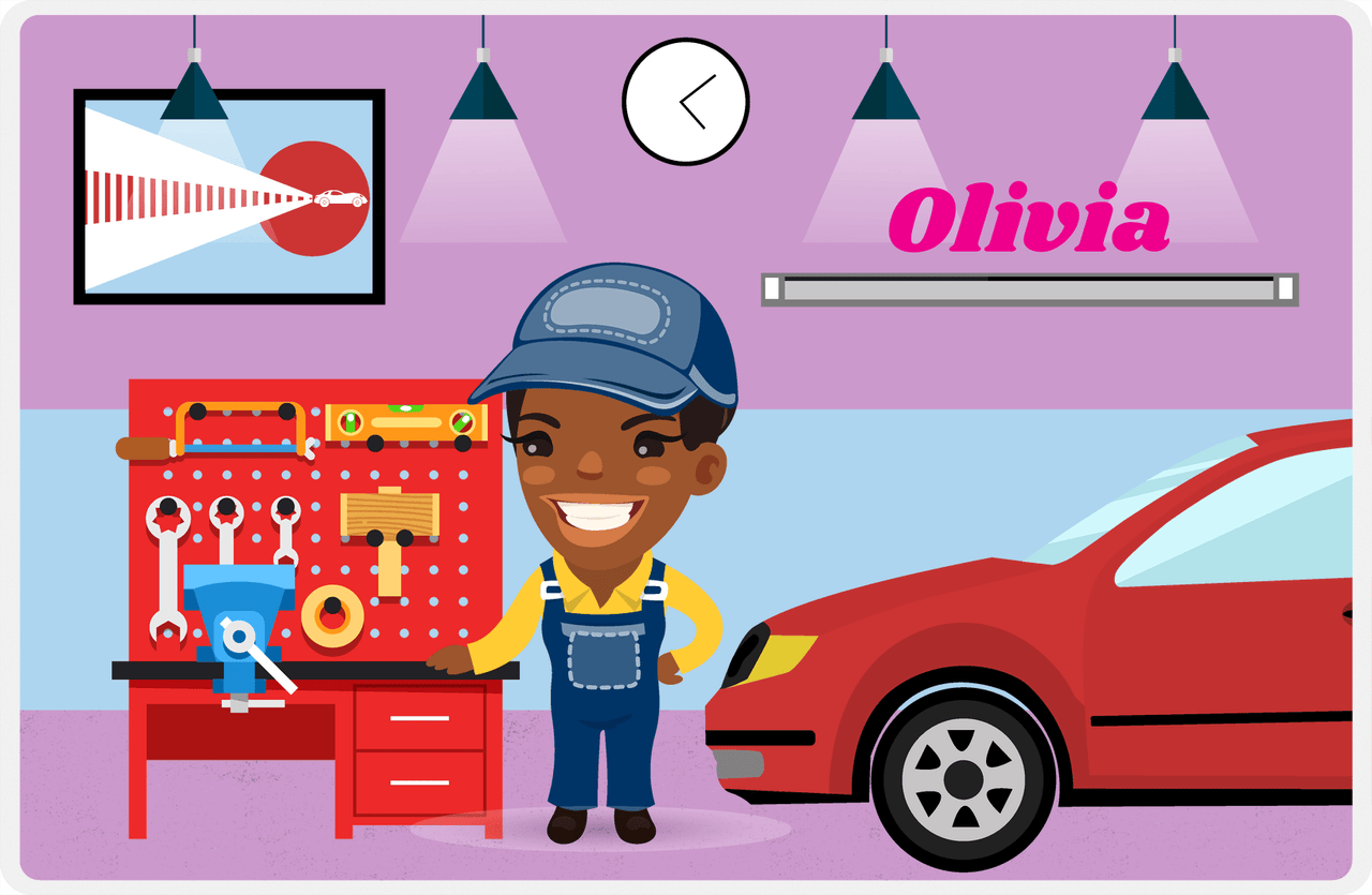 Personalized Builder Tools Placemat X - Car Garage - Black Girl II -  View