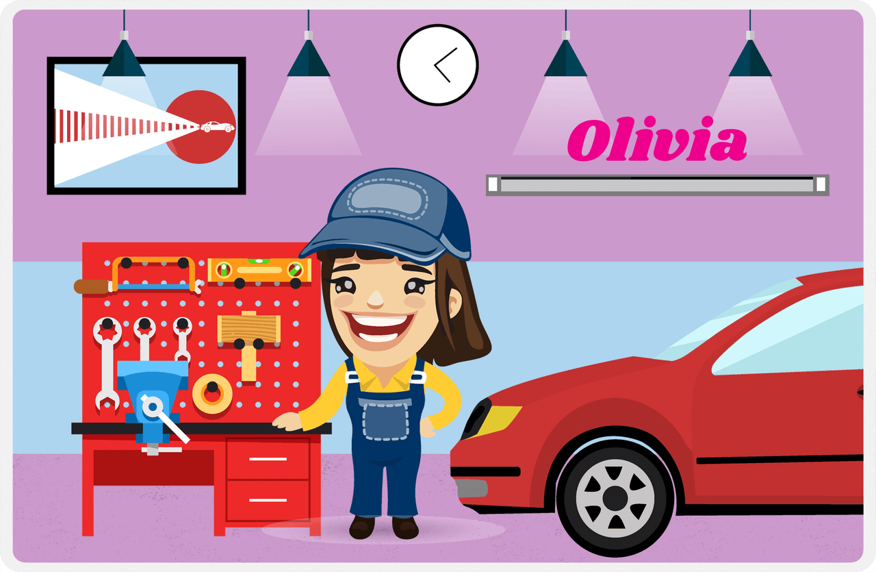 Personalized Builder Tools Placemat X - Car Garage - Asian Girl -  View