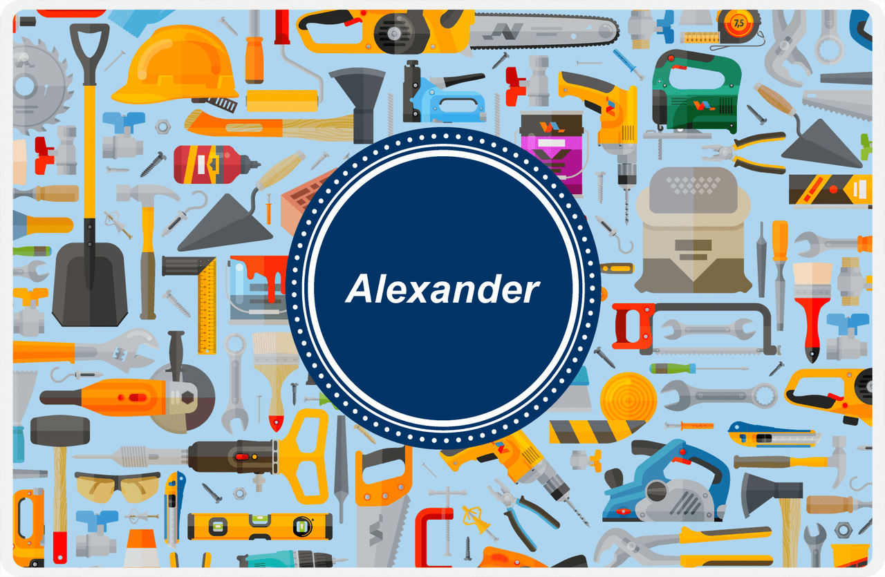 Personalized Builder Tools Placemat XIII - Tool Pattern - Circle Nameplate -  View