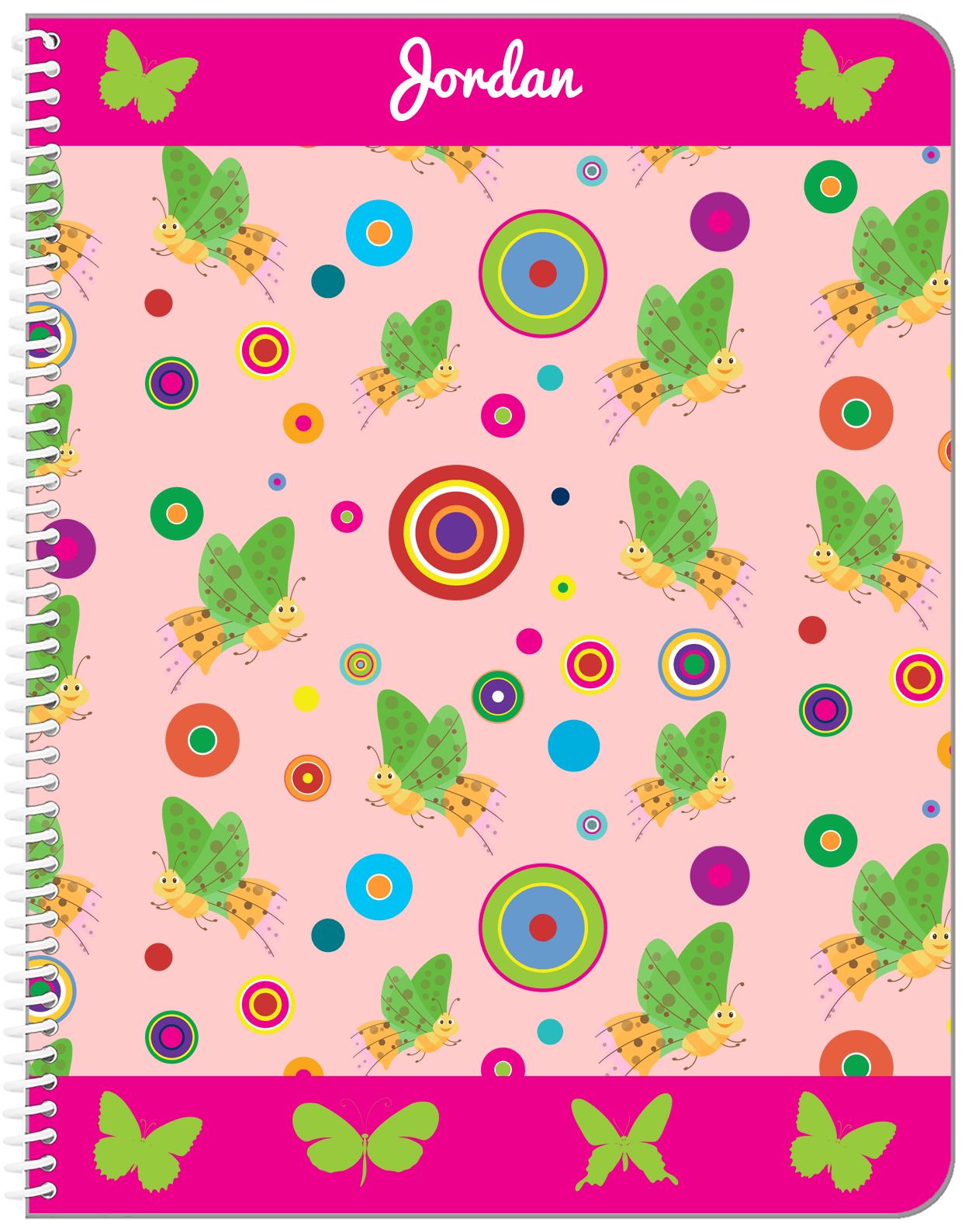 Personalized Butterfly Notebook IV - Pink Background - Green Butterflies I - Front View