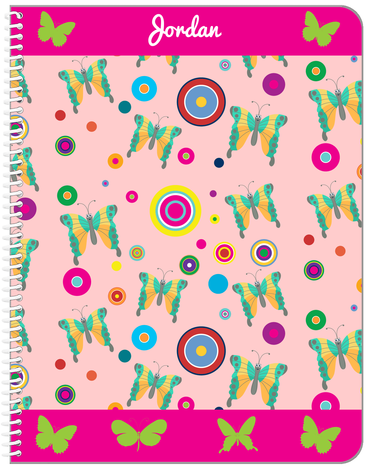 Personalized Butterfly Notebook IV - Pink Background - Green Butterflies II - Front View