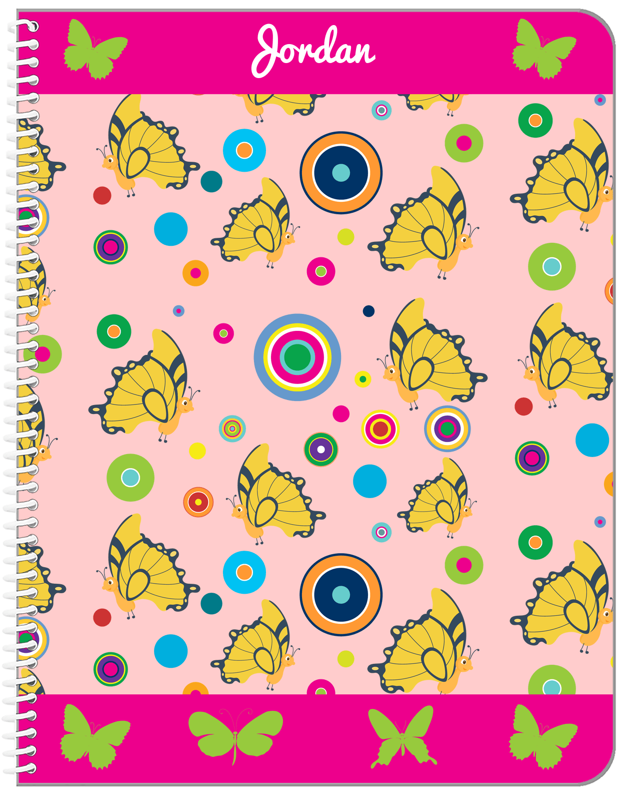Personalized Butterfly Notebook IV - Pink Background - Yellow Butterflies II - Front View