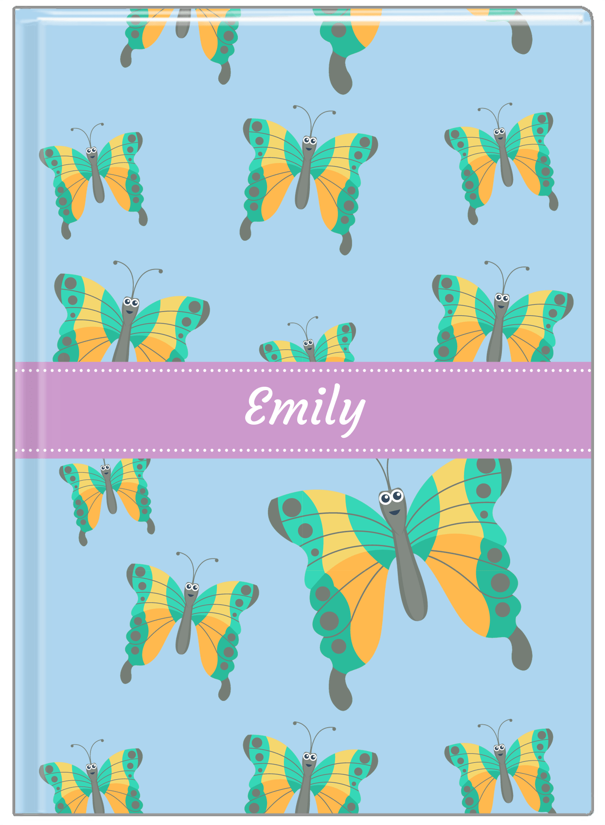 Personalized Butterfly Journal I - Blue Background - Green Butterflies II - Front View