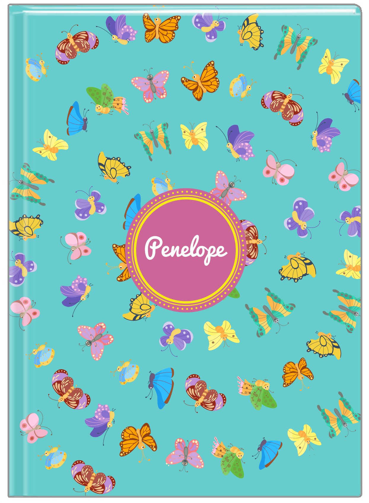 Personalized Butterfly Journal III - Teal Background - Circle Nameplate - Front View