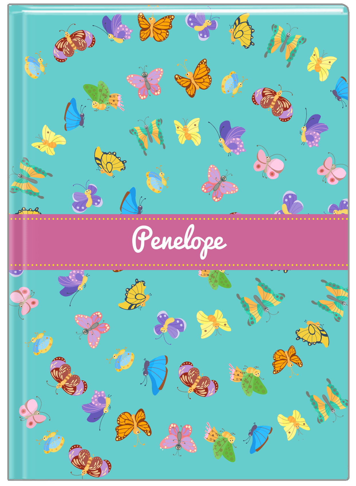 Personalized Butterfly Journal III - Teal Background - Ribbon Nameplate - Front View