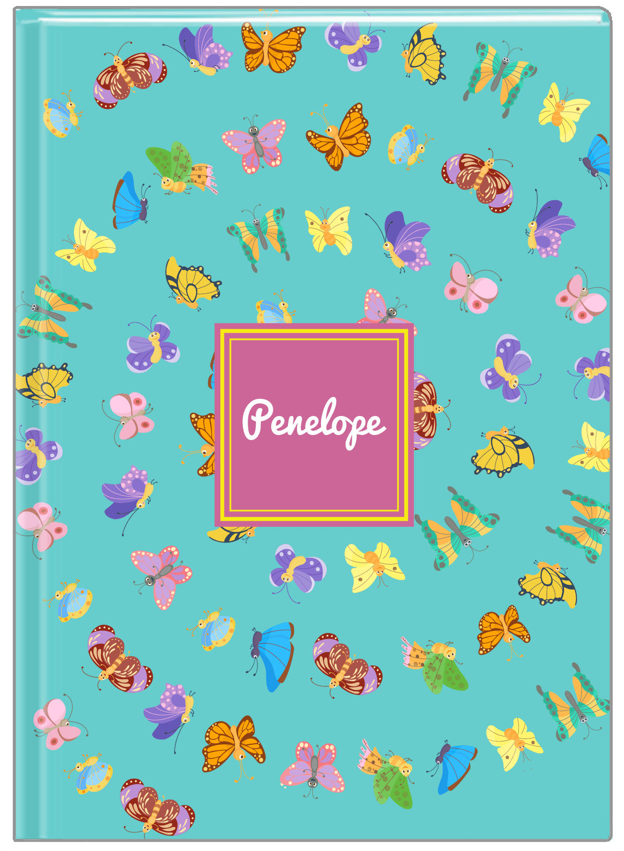 Personalized Butterfly Journal III - Teal Background - Square Nameplate - Front View