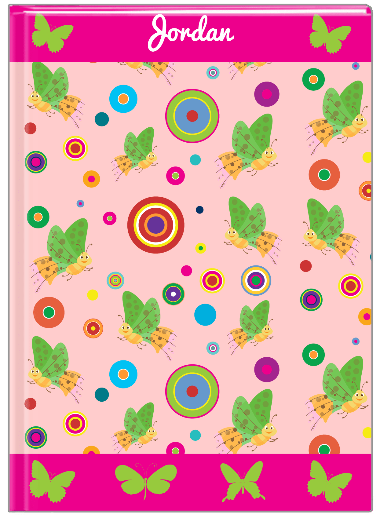 Personalized Butterfly Journal IV - Pink Background - Green Butterflies I - Front View