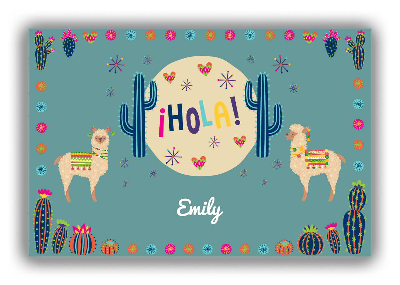 Personalized Cactus / Succulent Canvas Wrap & Photo Print VII - Hola Alpaca - Teal Background - Front View