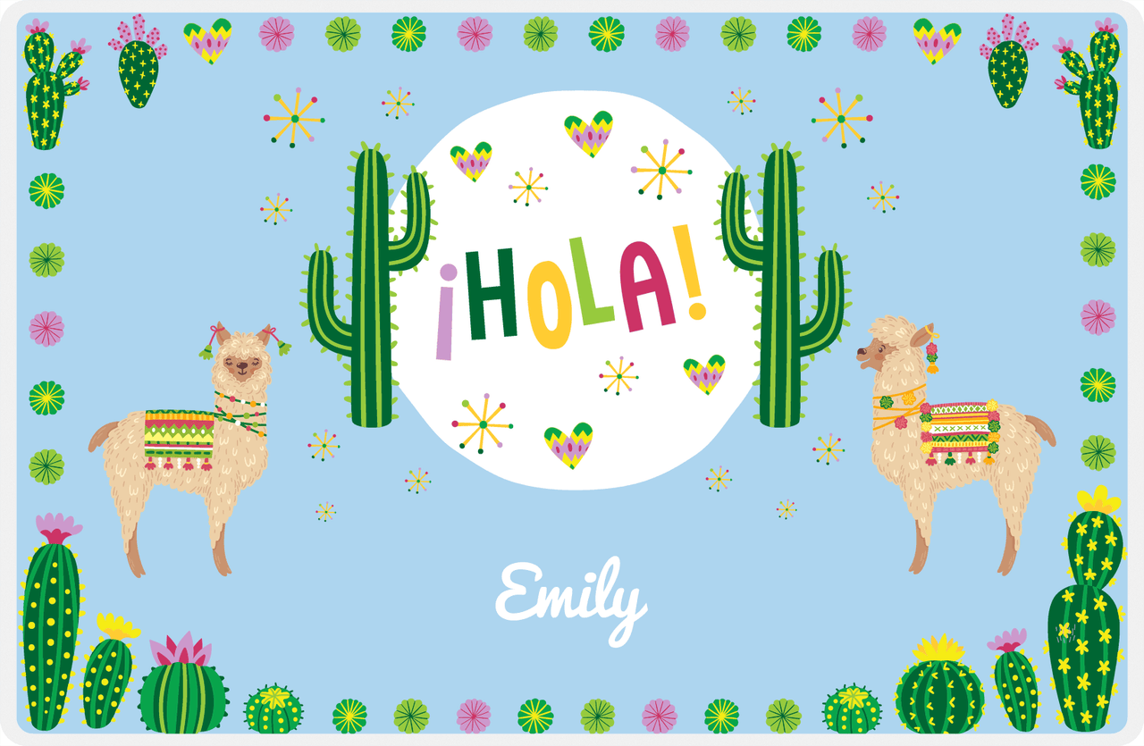 Personalized Cactus / Succulent Placemat VII - Hola Alpaca - Blue Background -  View