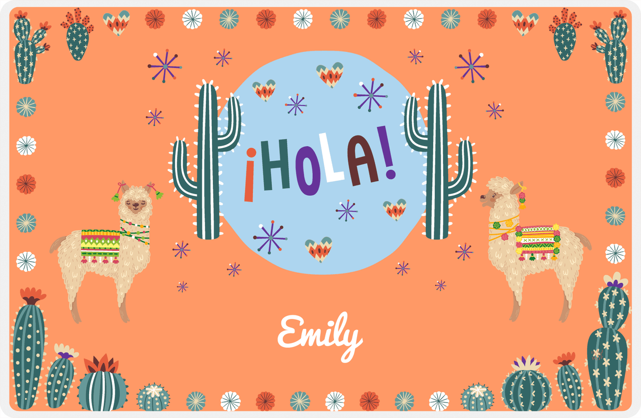 Personalized Cactus / Succulent Placemat VII - Hola Alpaca - Orange Background -  View