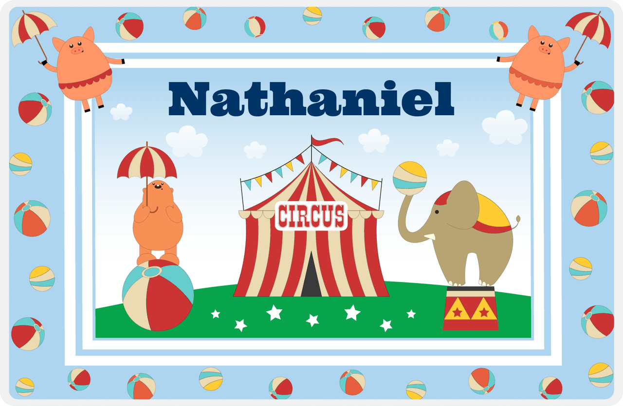 Personalized Circus Animals Placemat V - Flying Pigs - Blue Background -  View