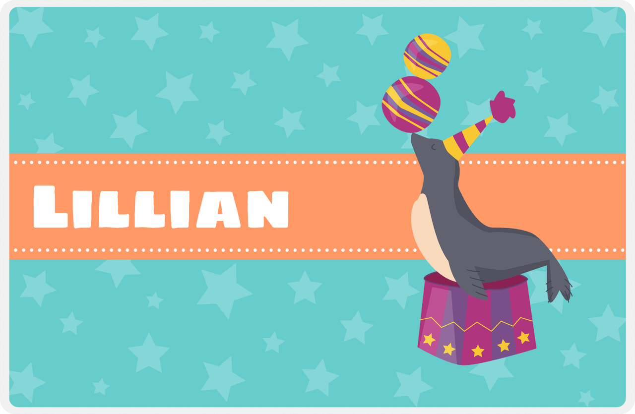 Personalized Circus Animals Placemat VII - Teal Background - Seal -  View