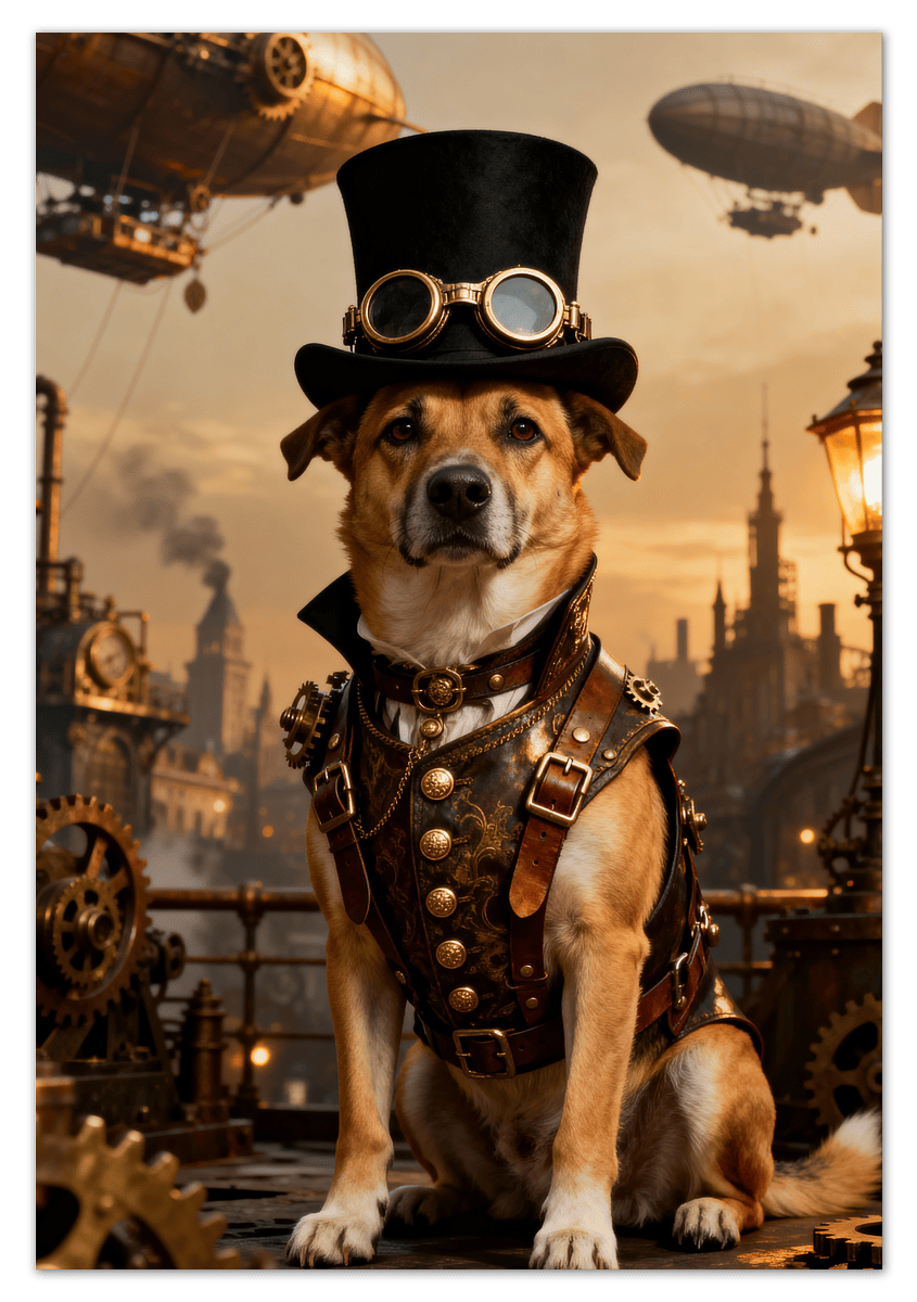 Custom Steampunk Victorian Pet Portrait From Photo - Personalized Animal Wall Art Print, Funny Dog Artwork Decor, Unique Cat Lover Gifts, Vintage Home Poster for Kids Room, Nursery, Bedroom, Office - Front View