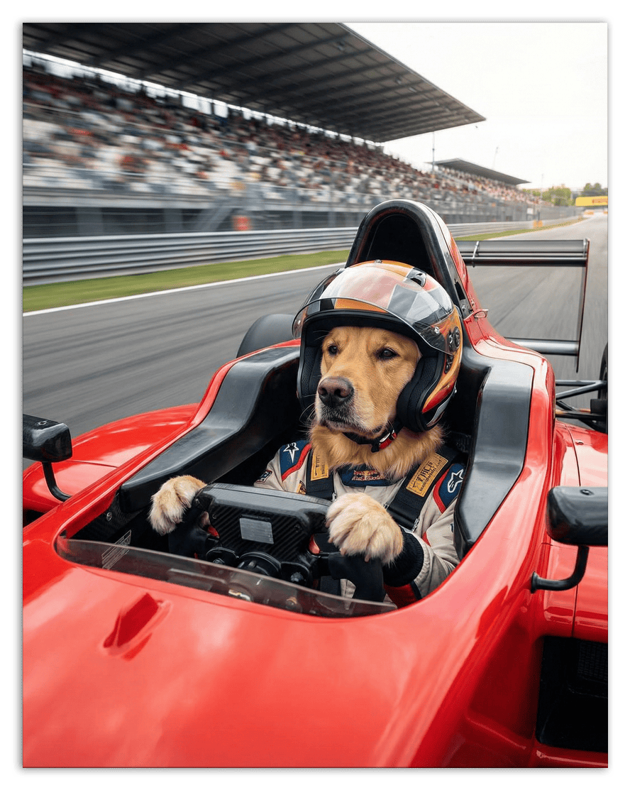 Custom Pet Race Car Driver Portrait – Personalized Racer Dog Wall Art, Unique Cat Lovers Gifts, Funny Animal Print, Racing Home Decor Poster for Living Room, Bedroom, Office, Quirky Humor Artwork - Front View