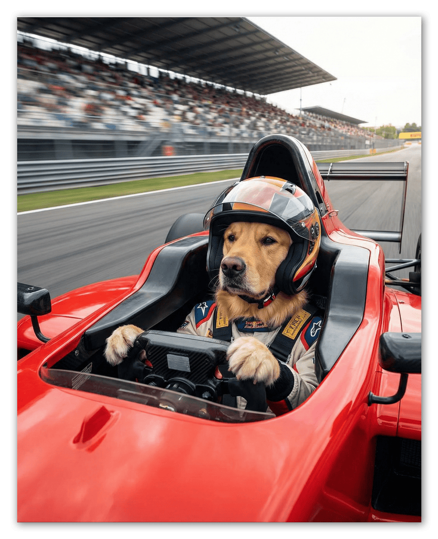 Custom Pet Race Car Driver Portrait – Personalized Racer Dog Wall Art, Unique Cat Lovers Gifts, Funny Animal Print, Racing Home Decor Poster for Living Room, Bedroom, Office, Quirky Humor Artwork - Front View
