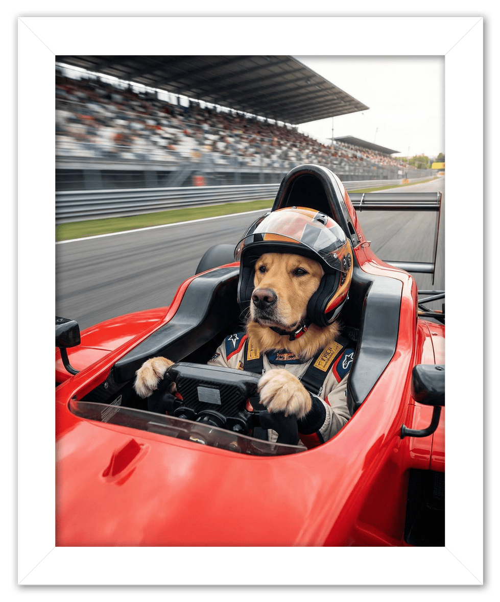 Custom Pet Race Car Driver Portrait – Personalized Racer Dog Wall Art, Unique Cat Lovers Gifts, Funny Animal Print, Racing Home Decor Poster for Living Room, Bedroom, Office, Quirky Humor Artwork - Front View