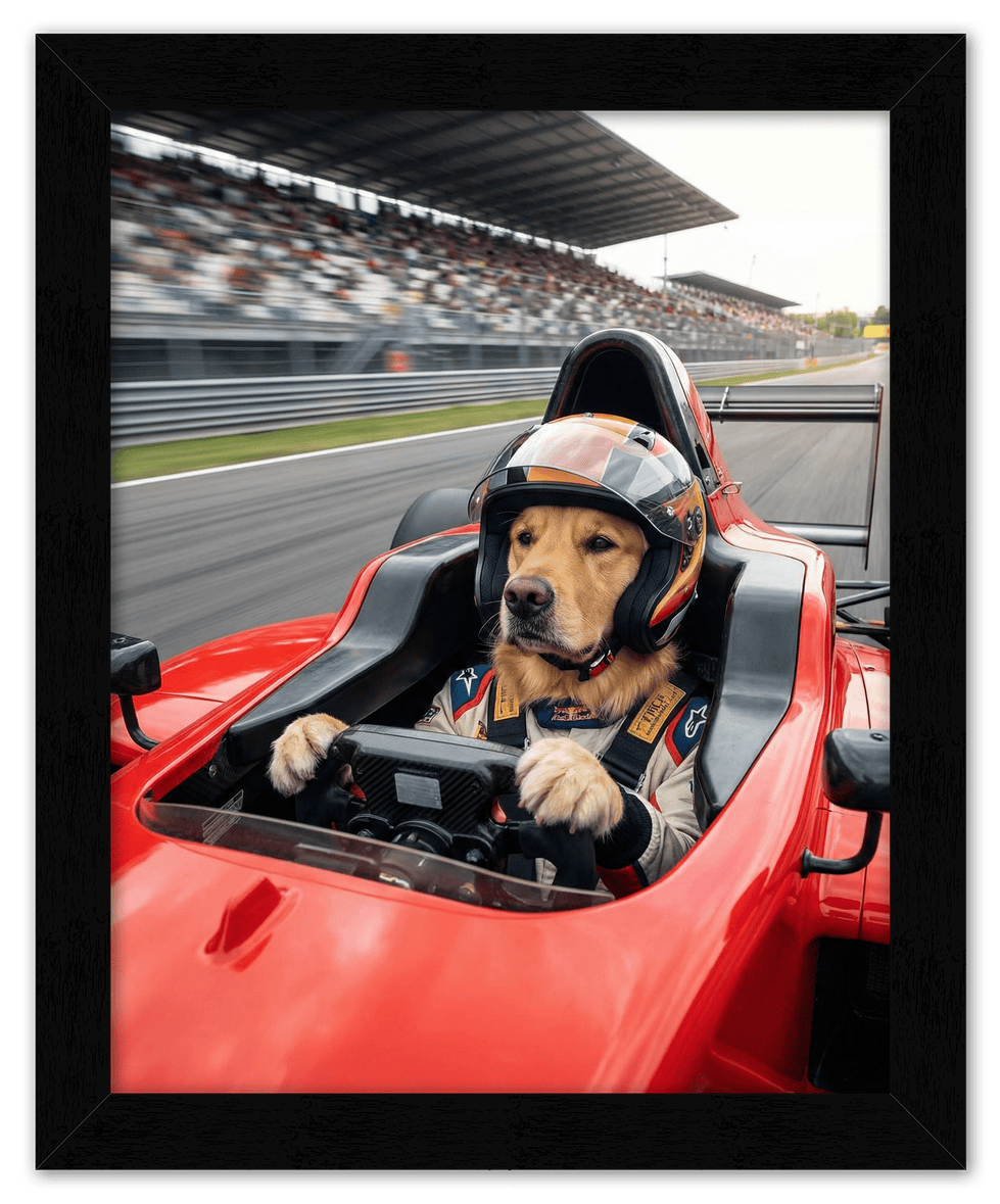 Custom Pet Race Car Driver Portrait – Personalized Racer Dog Wall Art, Unique Cat Lovers Gifts, Funny Animal Print, Racing Home Decor Poster for Living Room, Bedroom, Office, Quirky Humor Artwork - Front View