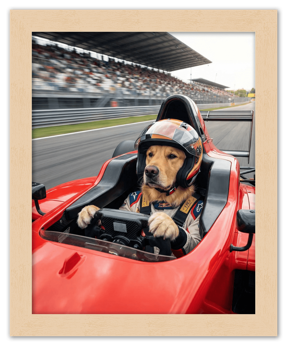 Custom Pet Race Car Driver Portrait – Personalized Racer Dog Wall Art, Unique Cat Lovers Gifts, Funny Animal Print, Racing Home Decor Poster for Living Room, Bedroom, Office, Quirky Humor Artwork - Front View