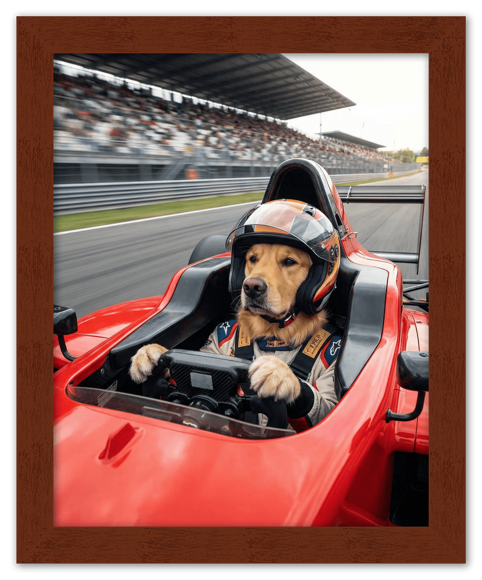 Custom Pet Race Car Driver Portrait – Personalized Racer Dog Wall Art, Unique Cat Lovers Gifts, Funny Animal Print, Racing Home Decor Poster for Living Room, Bedroom, Office, Quirky Humor Artwork - Front View