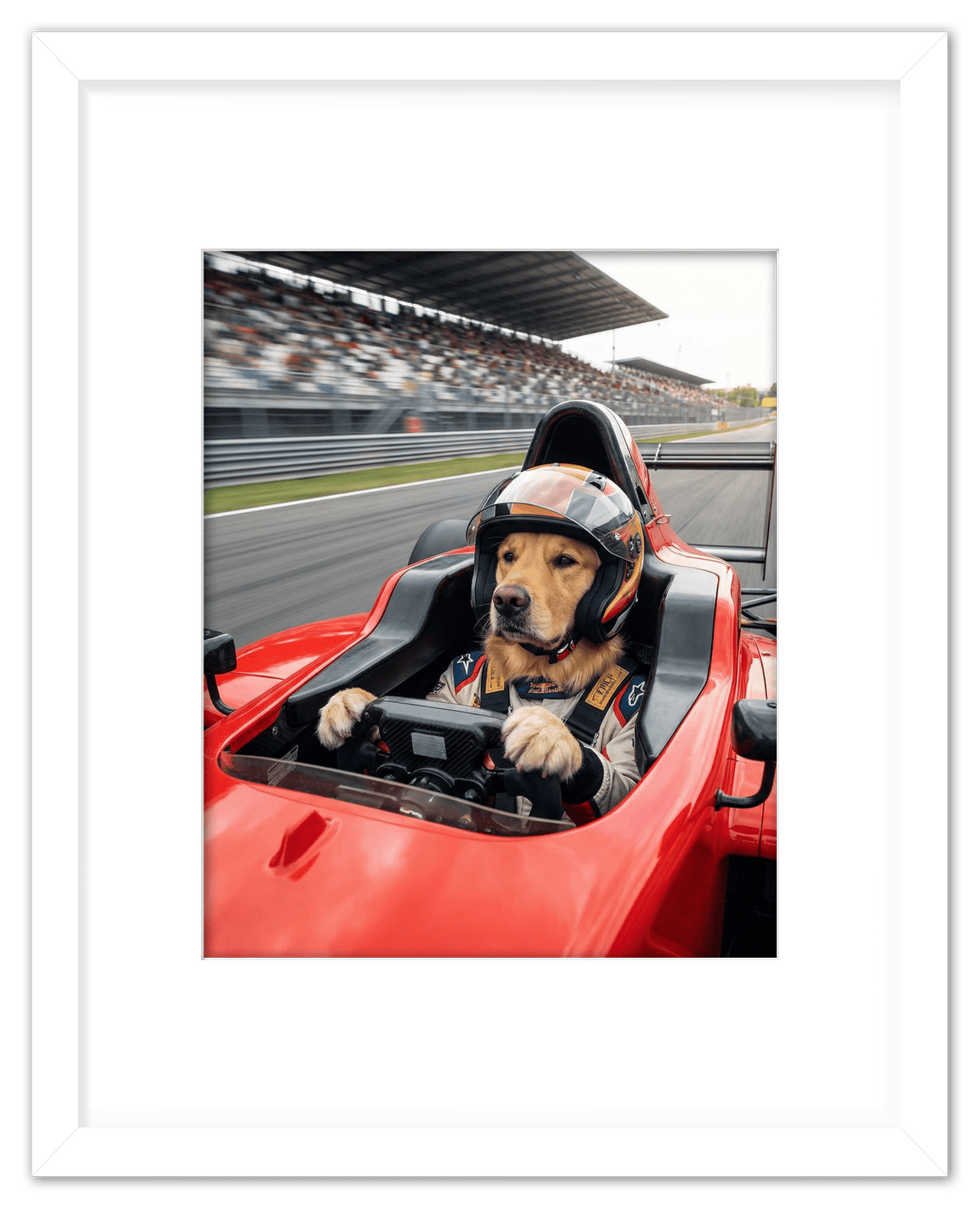 Custom Pet Race Car Driver Portrait – Personalized Racer Dog Wall Art, Unique Cat Lovers Gifts, Funny Animal Print, Racing Home Decor Poster for Living Room, Bedroom, Office, Quirky Humor Artwork - Front View