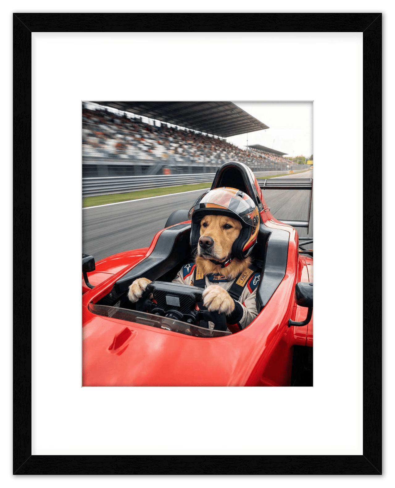 Custom Pet Race Car Driver Portrait – Personalized Racer Dog Wall Art, Unique Cat Lovers Gifts, Funny Animal Print, Racing Home Decor Poster for Living Room, Bedroom, Office, Quirky Humor Artwork - Front View