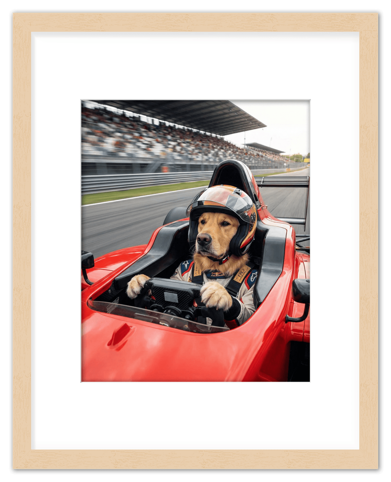 Custom Pet Race Car Driver Portrait – Personalized Racer Dog Wall Art, Unique Cat Lovers Gifts, Funny Animal Print, Racing Home Decor Poster for Living Room, Bedroom, Office, Quirky Humor Artwork - Front View